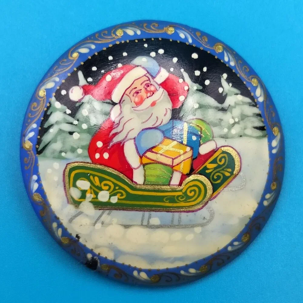 Santa Christmas VTG Hand painted Russian Brooch Pin Holiday Signed Lacquer